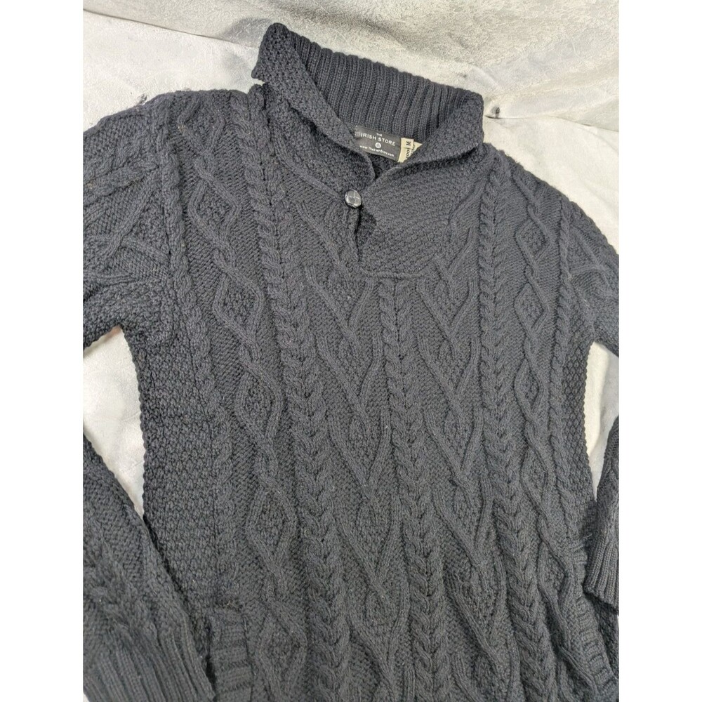 The Irish Store Men's M Merino Wool Aran Cable Knit Shawl Collar Sweater Ireland
